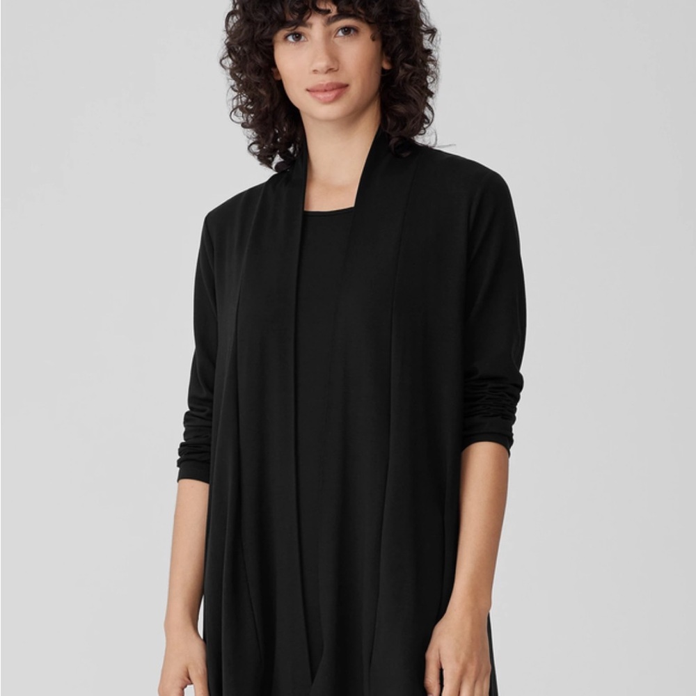 Eileen Fisher Rib Knit Long Open Front Black Sweater Cardigan